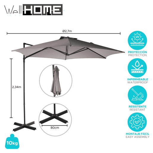 WELL HOME - Guarda-sol suspenso push up com base em cruz de aço
