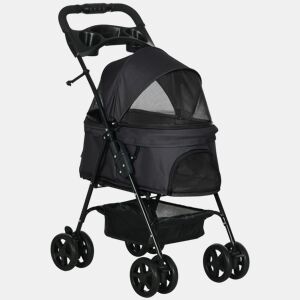 PawHut Carrinho para Cães Dobrável Carrinho para Cães Pequenos com Rodas Universáis Cesta de Armazenamento Correias de Segurança e Janelas 67x45x96 cm Preto