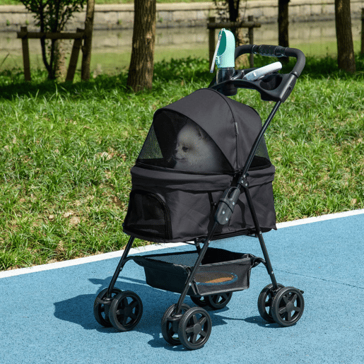 PawHut Carrinho para Cães Dobrável Carrinho para Cães Pequenos com Rodas Universáis Cesta de Armazenamento Correias de Segurança e Janelas 67x45x96 cm Preto