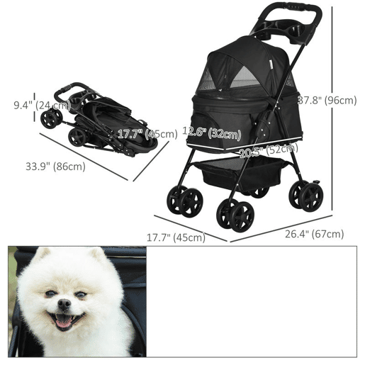 PawHut Carrinho para Cães Dobrável Carrinho para Cães Pequenos com Rodas Universáis Cesta de Armazenamento Correias de Segurança e Janelas 67x45x96 cm Preto