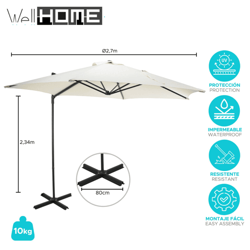 WELL HOME - Guarda-sol suspenso push up com base em cruz de aço