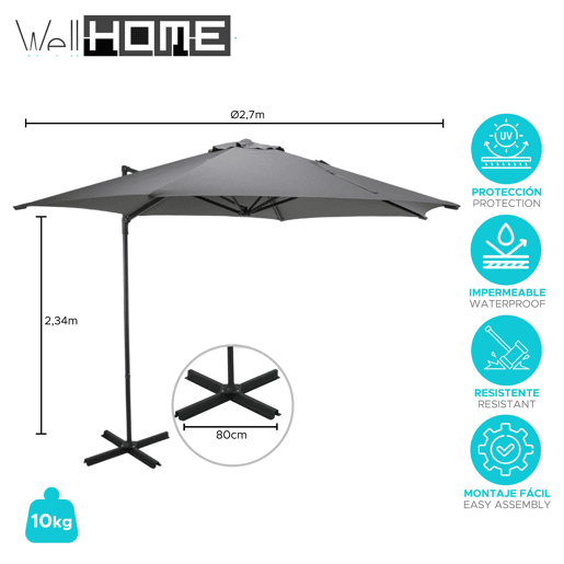 WELL HOME - Guarda-sol suspenso push up com base em cruz de aço