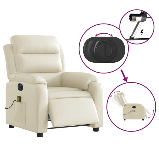 vidaXL Poltrona massagens reclinável elétrica couro artificial creme vidaXL Poltrona massagens reclinável elétrica couro artificial creme
