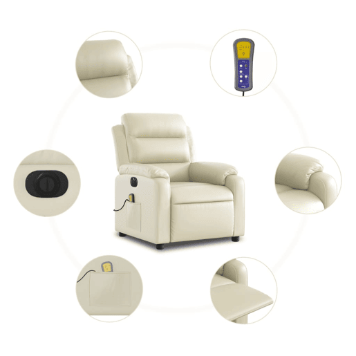 vidaXL Poltrona massagens reclinável elétrica couro artificial creme vidaXL Poltrona massagens reclinável elétrica couro artificial creme