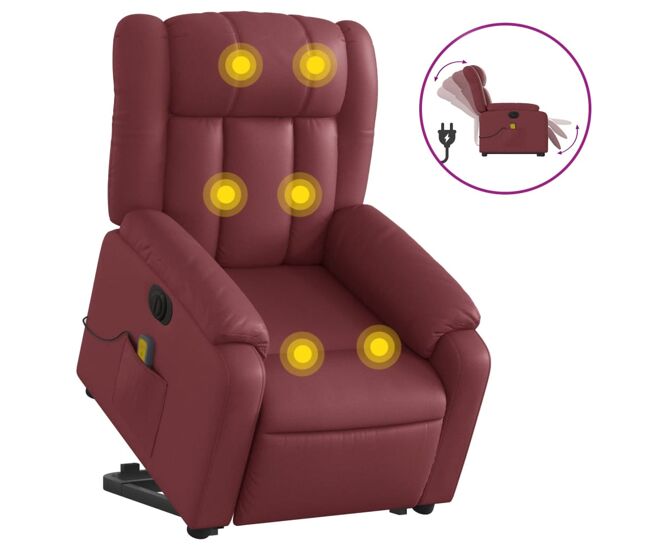 Vidaxl sillón de masaje elevable eléctrico cuero artificial rojo tinto