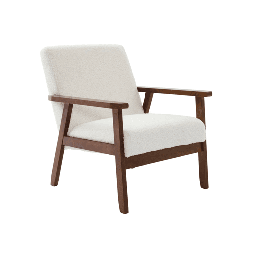 Cadeirão boucle escandinavo em madeira de hévea clara manchada de nogueira, Isak boucle, Boucle branco, 64x69.5x73 cm