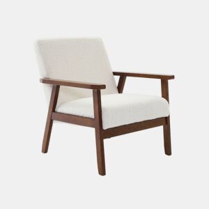 Cadeirão boucle escandinavo em madeira de hévea clara manchada de nogueira, Isak boucle, Boucle branco, 64x69.5x73 cm