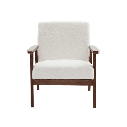 Cadeirão boucle escandinavo em madeira de hévea clara manchada de nogueira, Isak boucle, Boucle branco, 64x69.5x73 cm