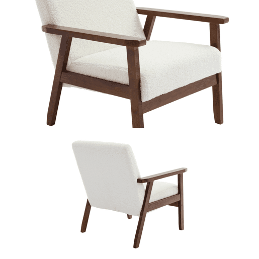 Cadeirão boucle escandinavo em madeira de hévea clara manchada de nogueira, Isak boucle, Boucle branco, 64x69.5x73 cm