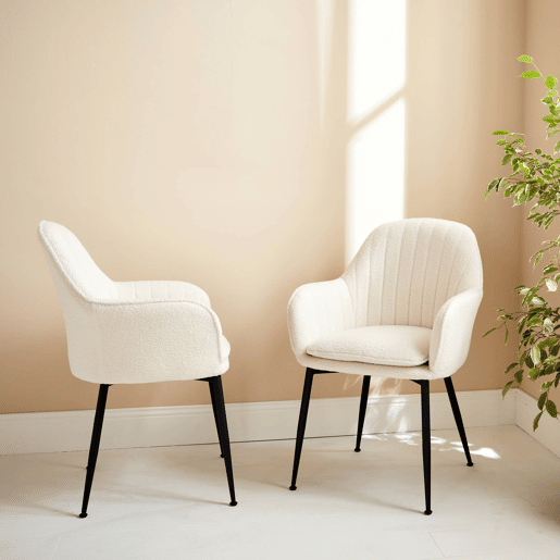 Cadeirãos encaracolado com pernas de metal, set de 2, Shella boucle, Boucle branco, 57x59x84.5 cm
