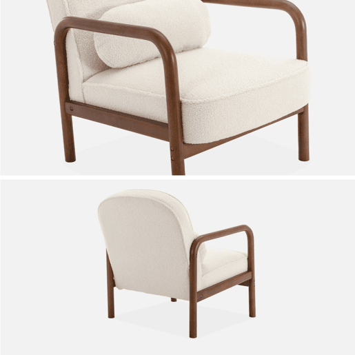 Poltrona escandinava em madeira de hevea e caracóis, Amelie, Creme, 66x82x77 cm