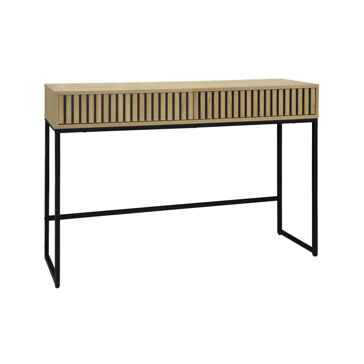 Consola contemporánea de madera estriada y metal con 2 cajones, 120cm, lisbonne, natural, 30x120x77 cm