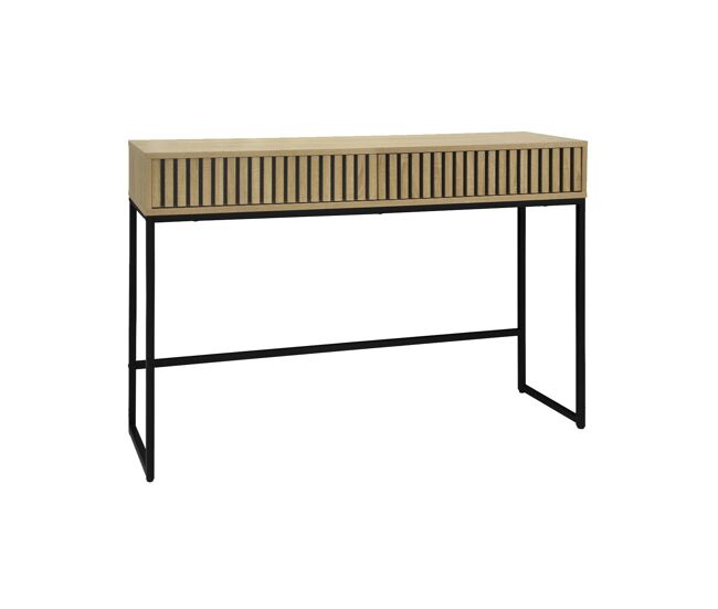 Consola contemporánea de madera estriada y metal con 2 cajones, 120cm, lisbonne, natural, 30x120x77 cm