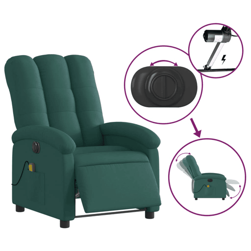 vidaXL Poltrona reclinável de massagens elétrica tecido verde-escuro vidaXL Poltrona reclinável de massagens elétrica tecido verde-escuro