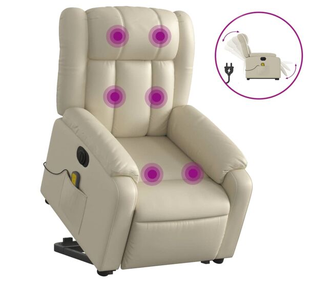 Vidaxl sillón de masaje elevable eléctrico cuero sintético crema