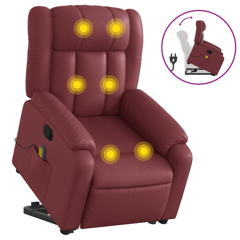 Vidaxl sillón reclinable de masaje de pie cuero artificial rojo tinto