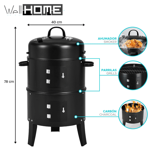 WELL HOME - Fumador de Churrasco com 2 Grelhadores e Termômetro