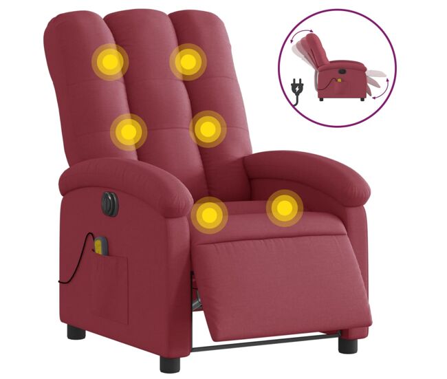 Vidaxl sillón de masaje reclinable eléctrico tela rojo tinto