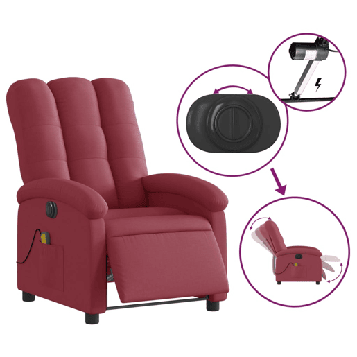 vidaXL Poltrona reclinável de massagens elétrica tecido vermelho tinto vidaXL Poltrona reclinável de massagens elétrica tecido vermelho tinto