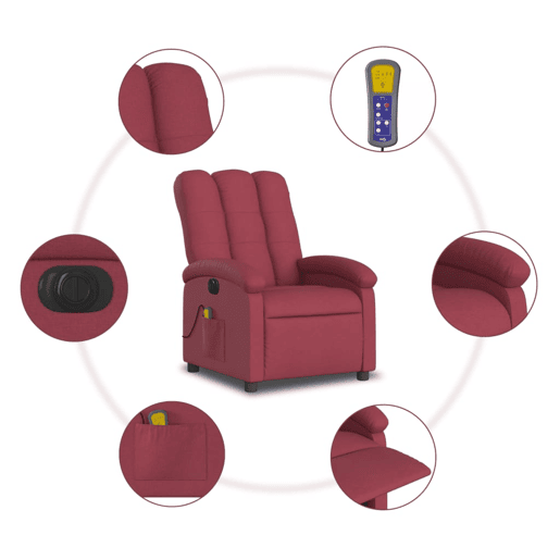 vidaXL Poltrona reclinável de massagens elétrica tecido vermelho tinto vidaXL Poltrona reclinável de massagens elétrica tecido vermelho tinto