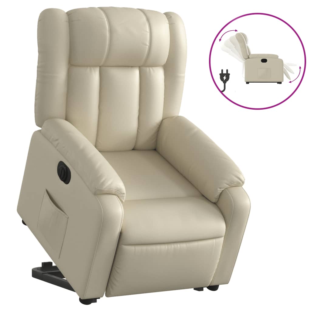 Vidaxl sillón reclinable elevable eléctrico de cuero sintético crema