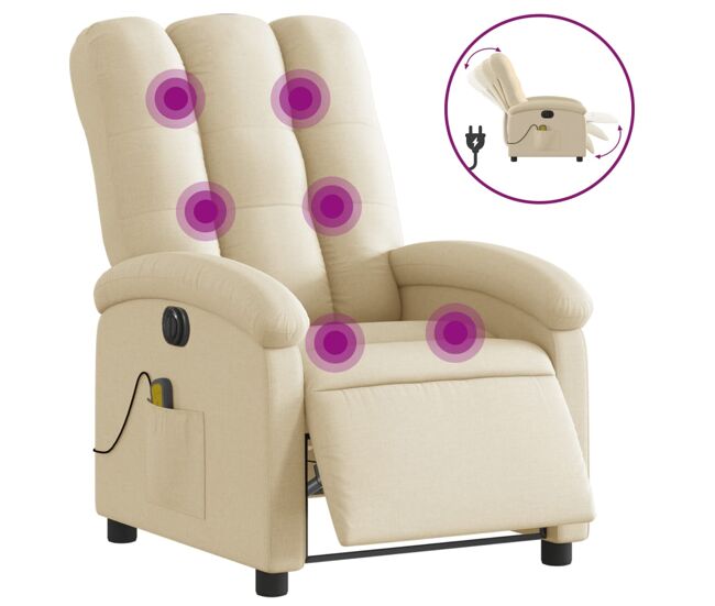 Vidaxl sillón reclinable de masaje eléctrico tela color crema