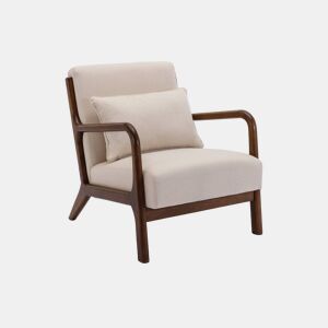 Cadeirão escandinavo em tecido bege e madeira de hevea, Lorens, Beige, 65x80x79 cm