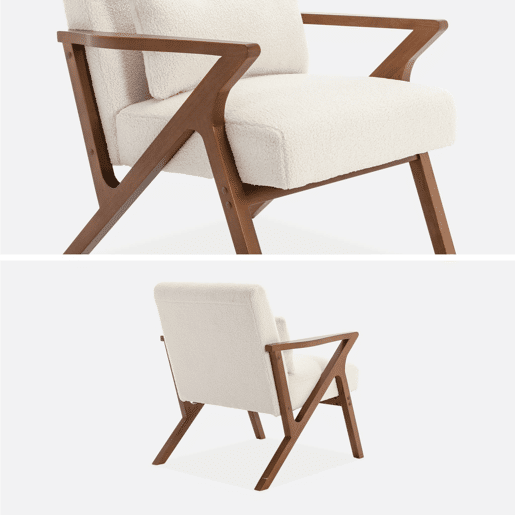 Cadeirão escandinavo em madeira de hevea e boucle, Antoine boucle, Branco, 70.5x75x81 cm