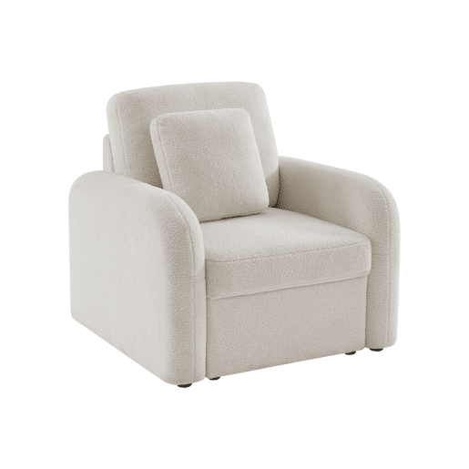 Cadeirão em tecido boucle branco, linhas arredondadas, Milano, Creme, 90x85x85 cm