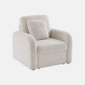 Cadeirão em tecido boucle branco, linhas arredondadas, Milano, Creme, 90x85x85 cm