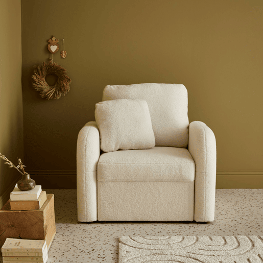 Cadeirão em tecido boucle branco, linhas arredondadas, Milano, Creme, 90x85x85 cm