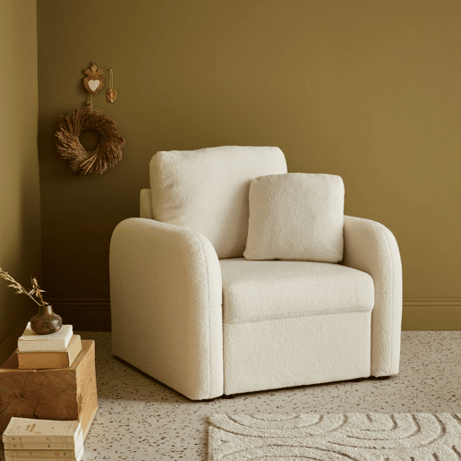 Cadeirão em tecido boucle branco, linhas arredondadas, Milano, Creme, 90x85x85 cm