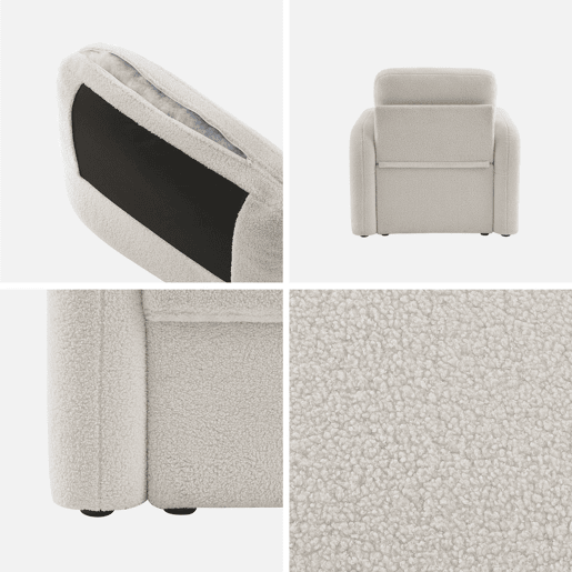 Cadeirão em tecido boucle branco, linhas arredondadas, Milano, Creme, 90x85x85 cm