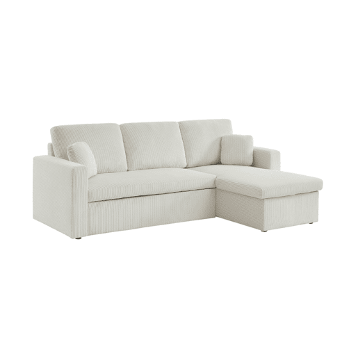 Sofá-cama de canto conversível de 3 lugares, Ida veludo canelado, Creme, 219x81x68 cm