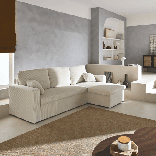 Sofá-cama de canto conversível de 3 lugares, Ida veludo canelado, Creme, 219x81x68 cm
