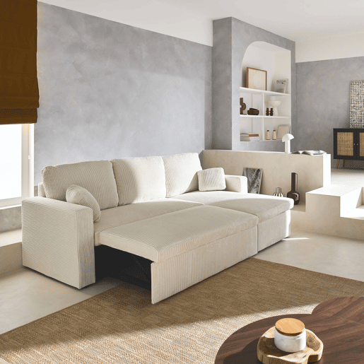 Sofá-cama de canto conversível de 3 lugares, Ida veludo canelado, Creme, 219x81x68 cm