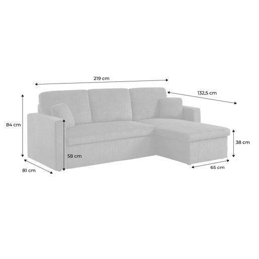 Sofá-cama de canto conversível de 3 lugares, Ida veludo canelado, Creme, 219x81x68 cm
