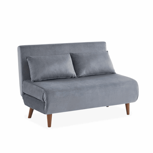 Sofá-cama em tecido, pernas de madeira de 2 lugares, Guesta veludo, Cinza escuro, 120x89x80 cm
