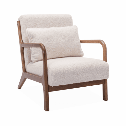 Cadeirão escandinavo em madeira de hévea clara, Lorens boucle, Creme, 65x80x79 cm