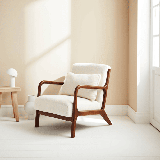 Cadeirão escandinavo em madeira de hévea clara, Lorens boucle, Creme, 65x80x79 cm