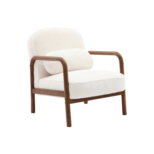 Cadeirão escandinavo em madeira de hevea e tecido em pelo sintético, Amelie, Creme, 66x82x77 cm