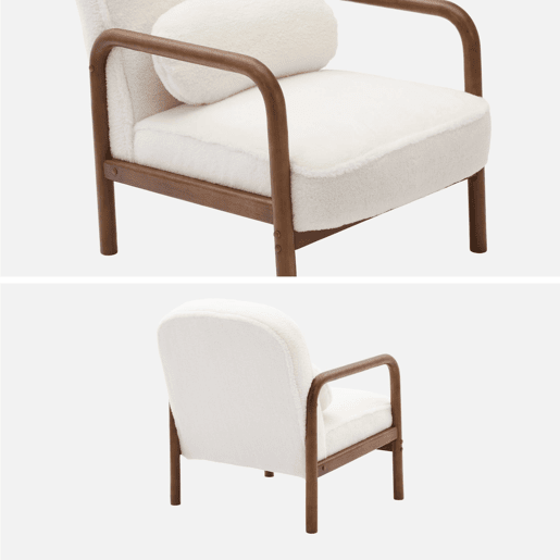 Cadeirão escandinavo em madeira de hevea e tecido em pelo sintético, Amelie, Creme, 66x82x77 cm