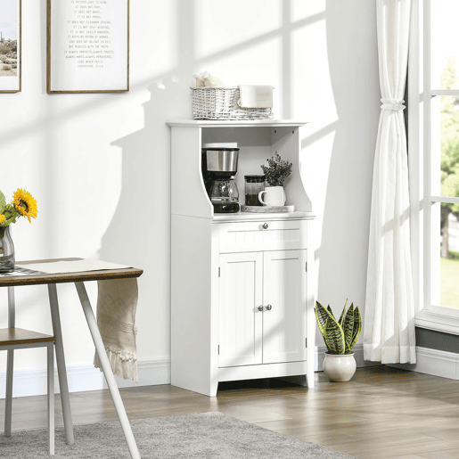 HOMCOM Móvel Auxiliar de Cozinha Móvel para Micro-Ondas Aparador de Cozinha com Gaveta Prateleira 2 Portas Compartimento Desenho Anti-Tombo para Sala de Jantar 60x40x122,5 cm Branco