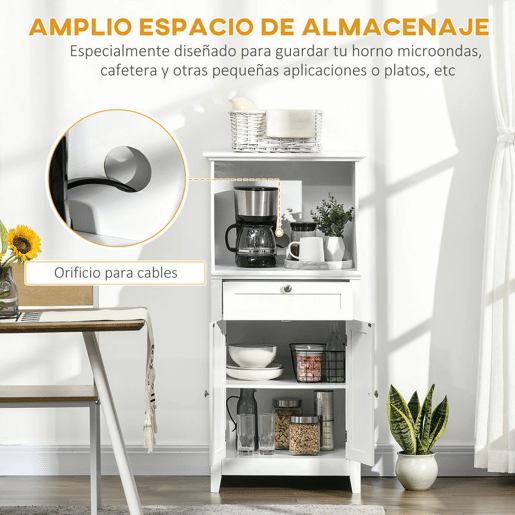 HOMCOM Móvel Auxiliar de Cozinha Móvel para Micro-Ondas Aparador de Cozinha com Gaveta Prateleira 2 Portas Compartimento Desenho Anti-Tombo para Sala de Jantar 60x40x122,5 cm Branco