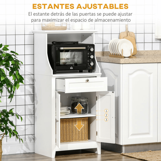 HOMCOM Móvel Auxiliar de Cozinha Móvel para Micro-Ondas Aparador de Cozinha com Gaveta Prateleira 2 Portas Compartimento Desenho Anti-Tombo para Sala de Jantar 60x40x122,5 cm Branco
