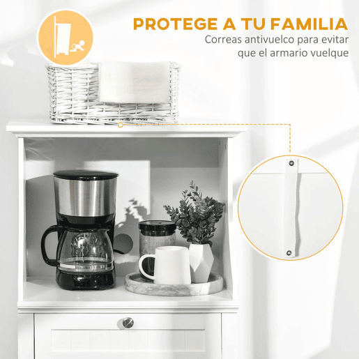 HOMCOM Móvel Auxiliar de Cozinha Móvel para Micro-Ondas Aparador de Cozinha com Gaveta Prateleira 2 Portas Compartimento Desenho Anti-Tombo para Sala de Jantar 60x40x122,5 cm Branco