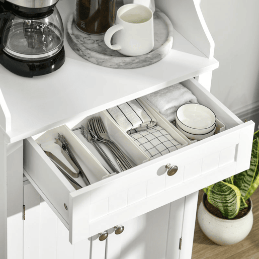 HOMCOM Móvel Auxiliar de Cozinha Móvel para Micro-Ondas Aparador de Cozinha com Gaveta Prateleira 2 Portas Compartimento Desenho Anti-Tombo para Sala de Jantar 60x40x122,5 cm Branco