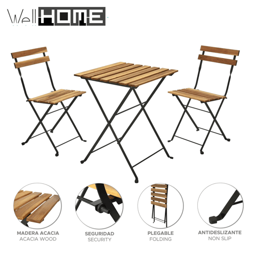 WELL HOME - Conjunto de mesa de madeira 'Bistrô' + 2 cadeiras