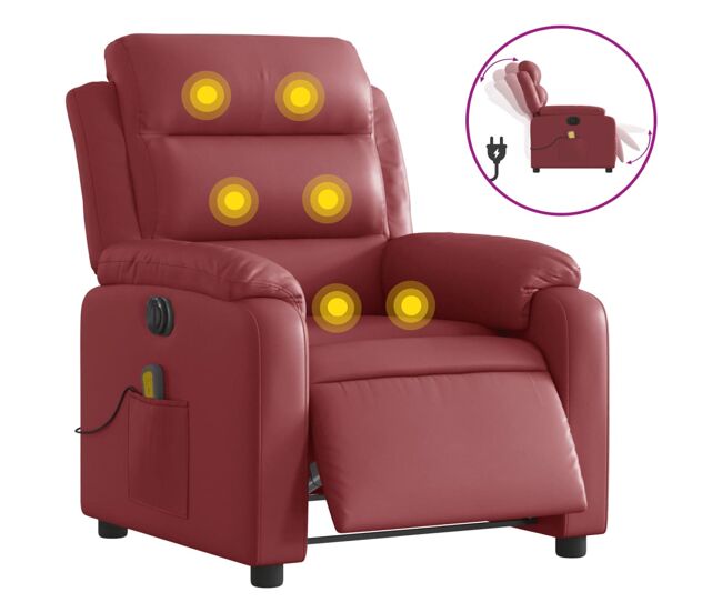 Vidaxl sillón masaje reclinable eléctrico cuero sintético rojo tinto