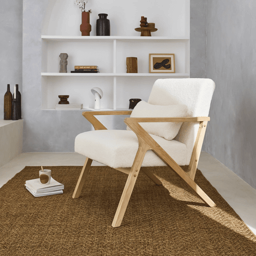 Cadeirão escandinavo em madeira de hevea e boucle, Antoine boucle, Branco, 70.5x75x81 cm